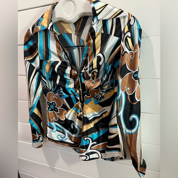 💙 CACHE Blouse – Size S – Bold Retro Print in Blue, Gold & Black vintage - Picture 3 of 8